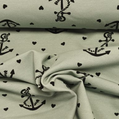 French Terry Stoff schwarze Anker und Herzen auf Minze