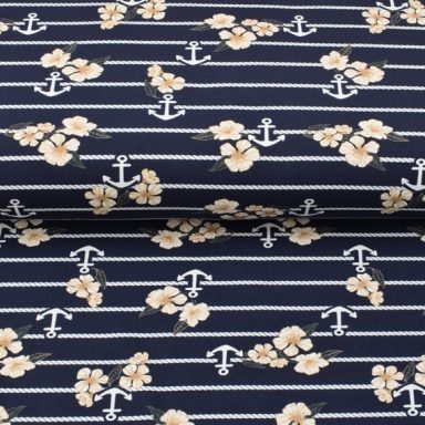 French Terry Stoff marineblau Blütenanker mit Tauen
