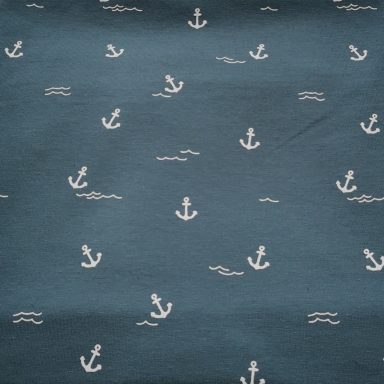 Baumwolljersey blaugrau mit weißen Ankern und Wellen