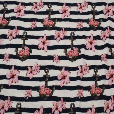 Baumwolljersey mit Blüten und Ankern blau weiß gestreift